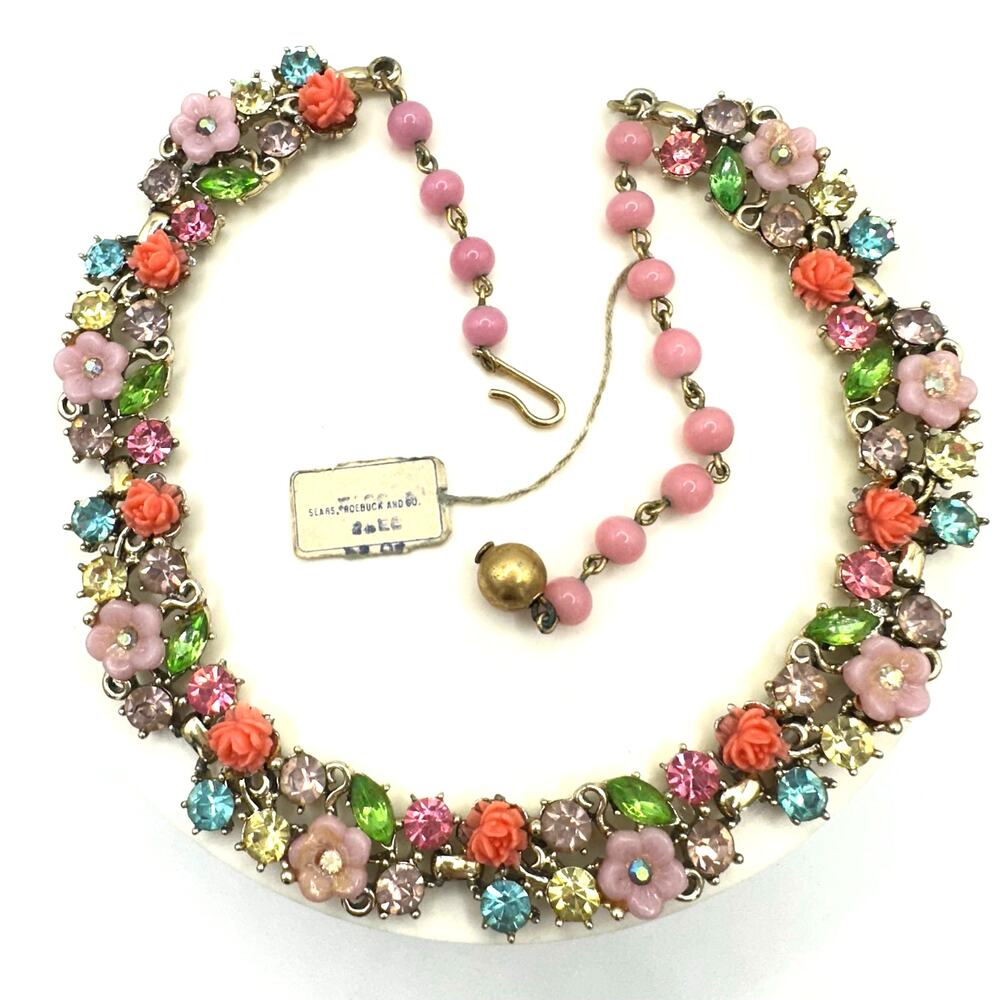 BSK vintage multicolor rhinestones flowers floral pink glass beaded necklace